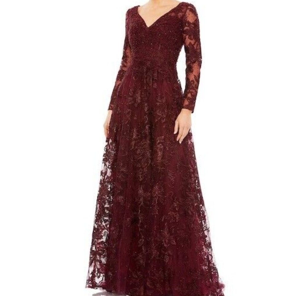 NWT‎ EMBELLISHED ILLUSION LONG SLEEVE V-NECK GOWN RED 20409 SZ 22
